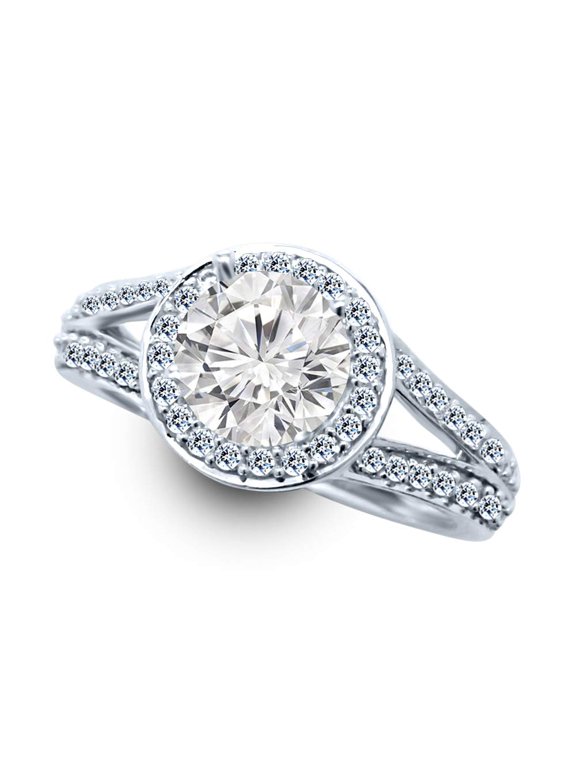 2 Carat Lab 14K White Gold Synthetic Lab Grown Round Classic Split Shank Halo IGI Certified Diamond Engagement Ring (1.5 Ct, I-J Color, SI1-SI2 Clarity Center)