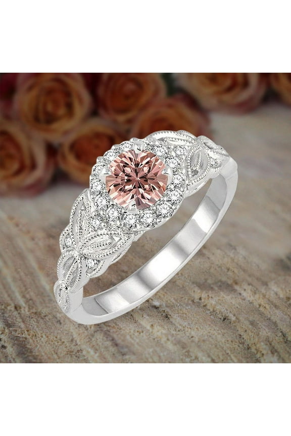 2 Carat Morganite 6mm Round Cut Diamond Moissanite Engagement Ring Ring Huge Desinger Sale With 18K White Gold Plating, Promise Ring, Anniversary Ring