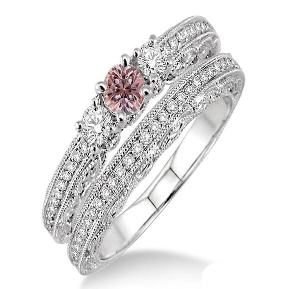 2 Carat Morganite & Diamond Antique Bridal set on 10k White Gold