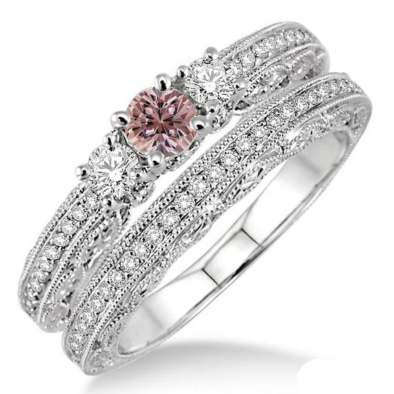 2 Carat Morganite & Diamond Antique Bridal set on 10k White Gold