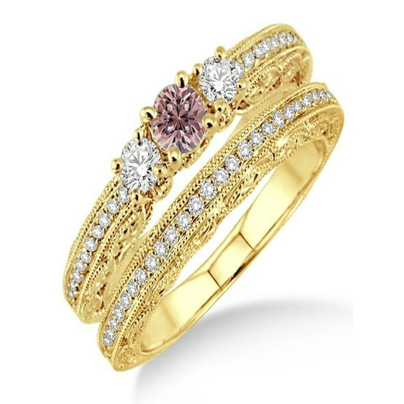 2 Carat Morganite & Diamond Antique Milgrain Bridal set on 10k Yellow Gold