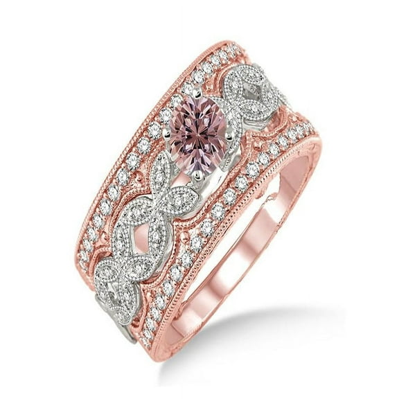 2 Carat Morganite & Diamond Antique Trio Bridal Set Engagement Ring on 10k White Gold