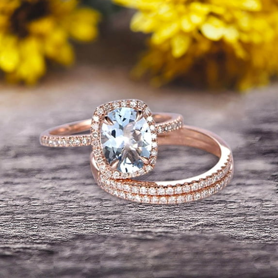 2 Carat Oval Cut Aquamarine Engagement Ring 10k Rose Gold With Matching Band