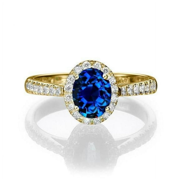 2 Carat Oval Cut Blue Sapphire And Moissanite Diamond Halo Engagement Ring in 10k Yellow Gold