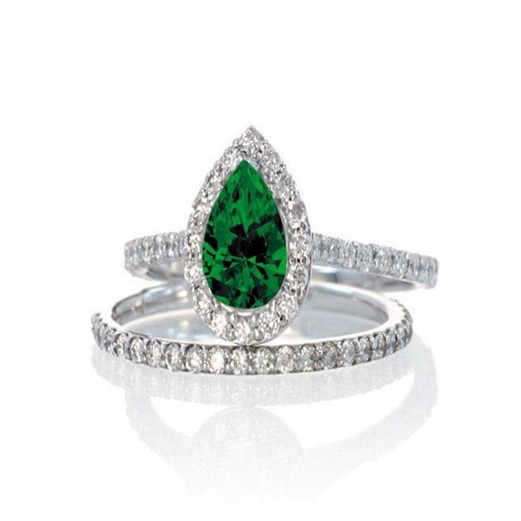 2 Carat Pear Cut Emerald Halo Bridal Set for Woman in 14k White Gold affordable emerald and diamond engagement ring