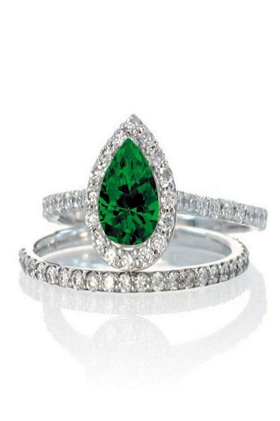 2 Carat Pear Cut Emerald Halo Bridal Set for Woman in 14k White Gold affordable emerald and diamond engagement ring