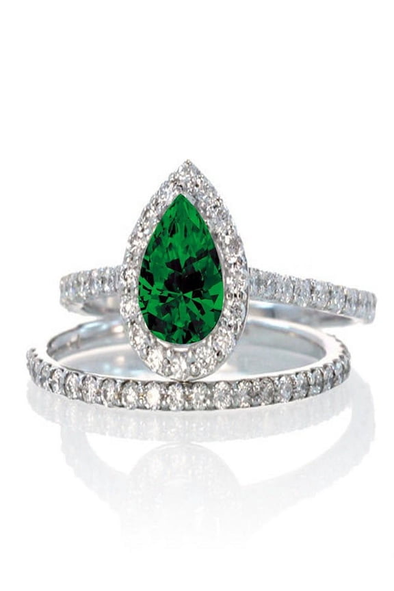 2 Carat Pear Cut Emerald Halo Bridal Set for Woman on 10k White Gold