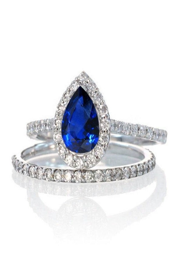 2 Carat Pear Cut Sapphire Halo Bridal Set for Woman in 14k White Gold affordable sapphire and diamond engagement ring