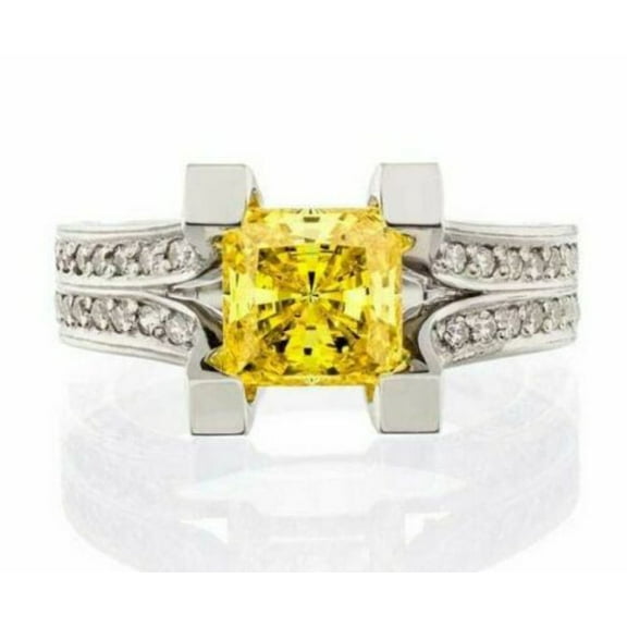 2 Carat Princess Cut Canary and Pave Cubic Zirconia Split Band Engagement Ring