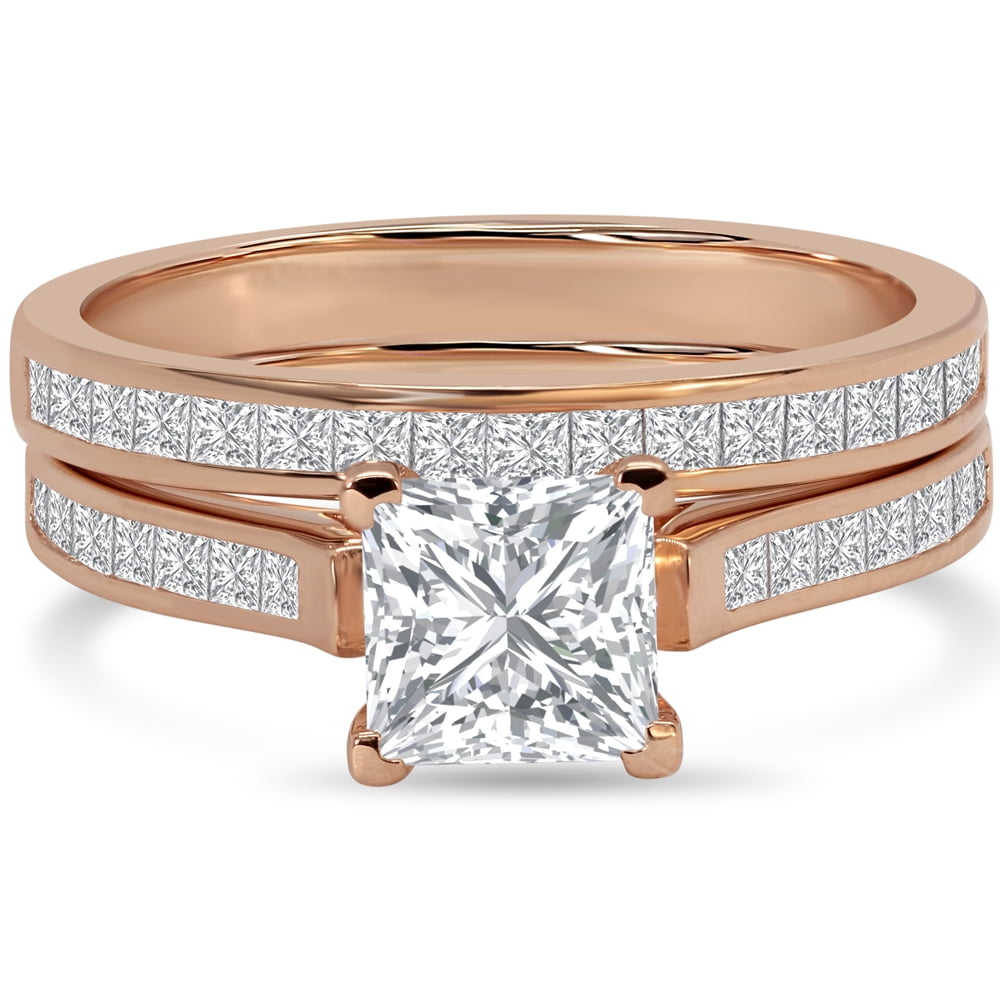 2 Carat Princess Cut Moissanite Wedding Set - Bridal Set - Channel Set Ring  - Unique Ring - 18k Rose Gold Over Silver 