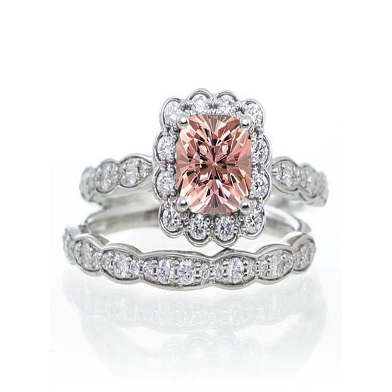 2 Carat Princess Cut Morganite and Diamond Wedding Ring set on 10k White Gold