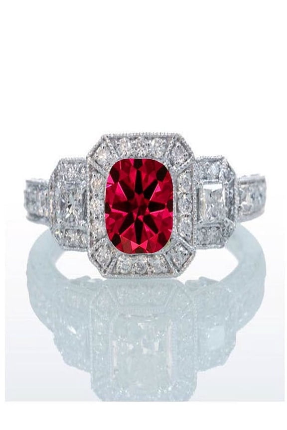 2 Carat Princess Cut Trilogy Ruby and Diamond Vintage Halo Engagement Ring on 10k White Gold