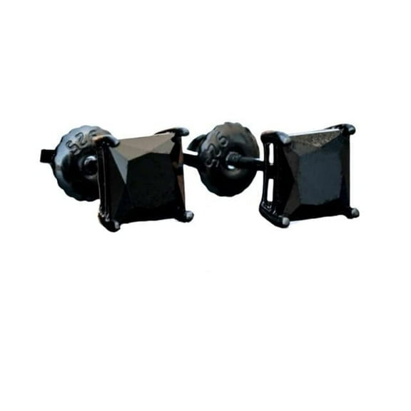 2 Carat Princess Shape Simulated Black Diamond Prong Set Wedding Engagement Stud Earrings with Screw Back In 14K Black Gold Plated 925 Sterling Silver Gift for Womens (6 MM)