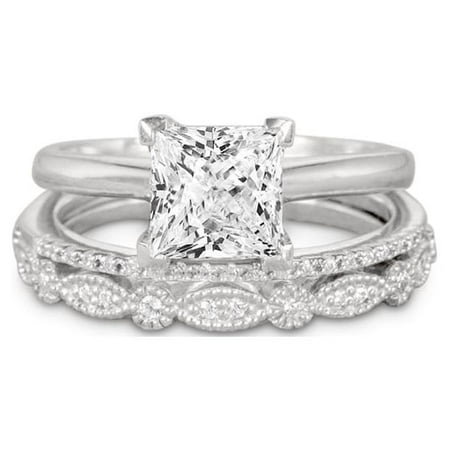 2 Carat Princess Wedding Ring Set - Bridal Set - Wedding Trio Set - Engagement Ring - Art Deco Ring - Promise Ring - Sterling Silver