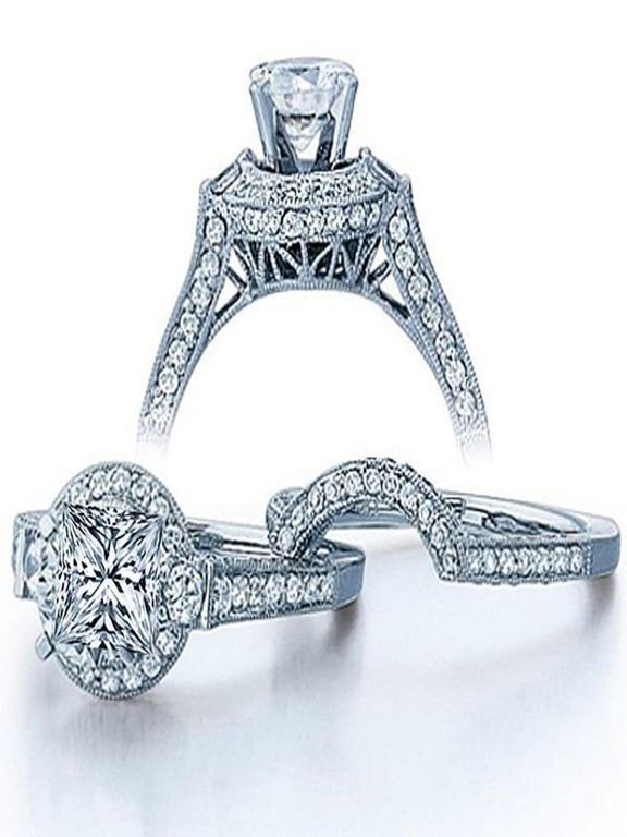 2 Carat Princess cut Diamond Vintage Wedding Ring Set in White Gold