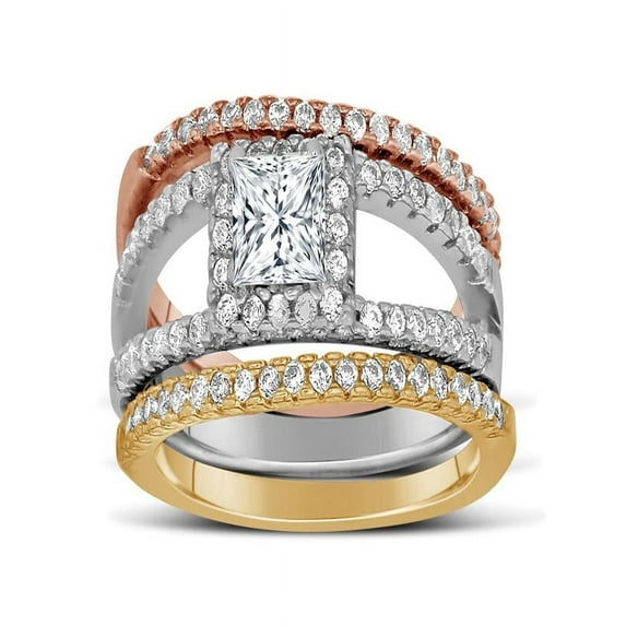 2 Carat Princess cut Tri Color White, Rose and Yellow Gold Trio Wedding Ring Set