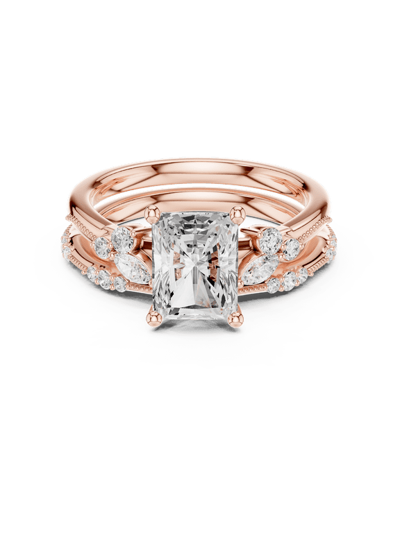 2 Carat Radiant Cut Moissanite Diamond Multi Stone Bridal Set - High Polish Yellow Gold Plated Silver - Stackable Handcrafted Ring for Wife