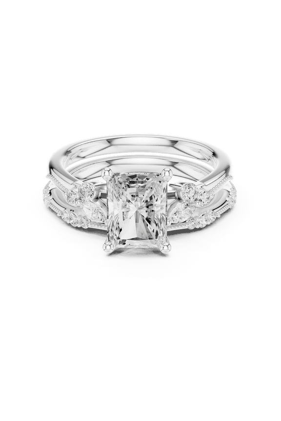 2 Carat Radiant Cut Moissanite Diamond Multi Stone Bridal Set - High Polish Yellow Gold Plated Silver - Stackable Handcrafted Ring for Wife