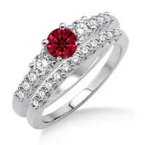 2 Carat Red Ruby Diamond Moissanite Round Cut Trilogy Bridal Set On 10K White Gold, Promise Ring, Anniversary Ring