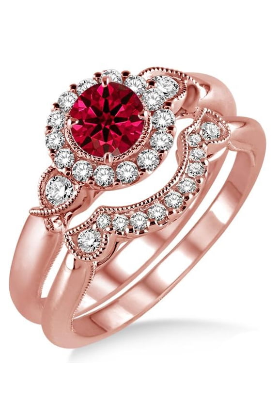 2 Carat Red Ruby Round Cut Antique Diamond Moissanite Flower Halo Bridal Set on 10k Rose Gold