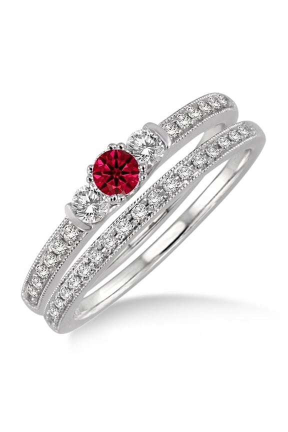 2 Carat Red Ruby Round Cut Moissanite Diamond Bridal Set on 10k White Gold