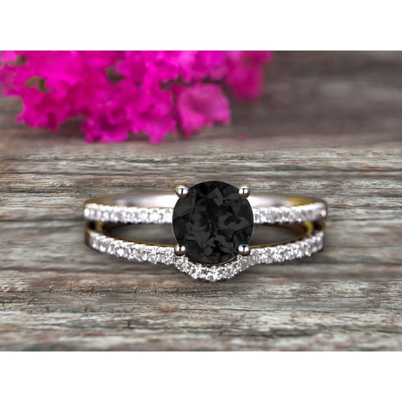 2 Carat Round Cut Black Diamond Moissanite Engagement Ring On 10k White Gold With Wedding Band