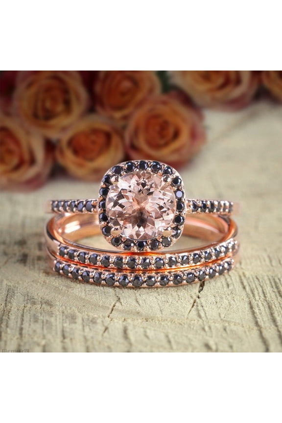2 Carat Round Cut Morganite And Black Diamond Trio Wedding Set Bridal Ring Set With 18K Rose Gold Plating, Promise Ring, Anniversary Ring