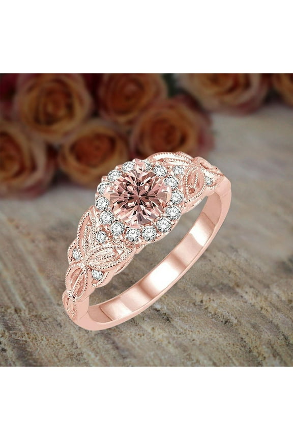 2 Carat Round Cut Peach Pink Morganite And Diamond Moissanite Engagement Ring 10K Rose Gold Jewelry, Promise Ring, Anniversary Gift
