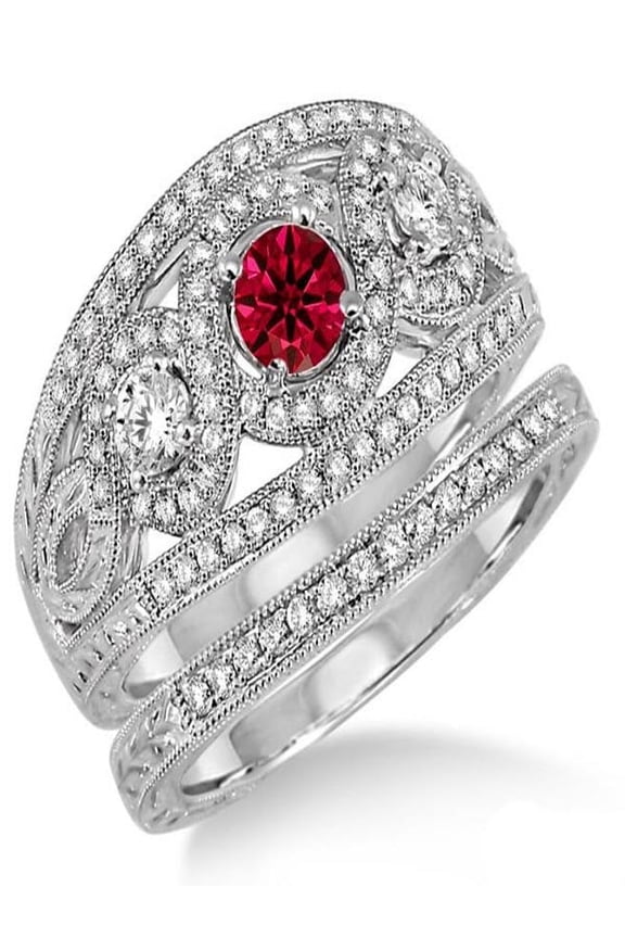 2 Carat Round Cut Red Ruby And Moissanite Diamond Trilogy Set Ring On 10K White Gold