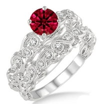 2 Carat Round Cut Red Ruby Infinity Antique Bridal Set Moissanite Diamond on 10k White Gold