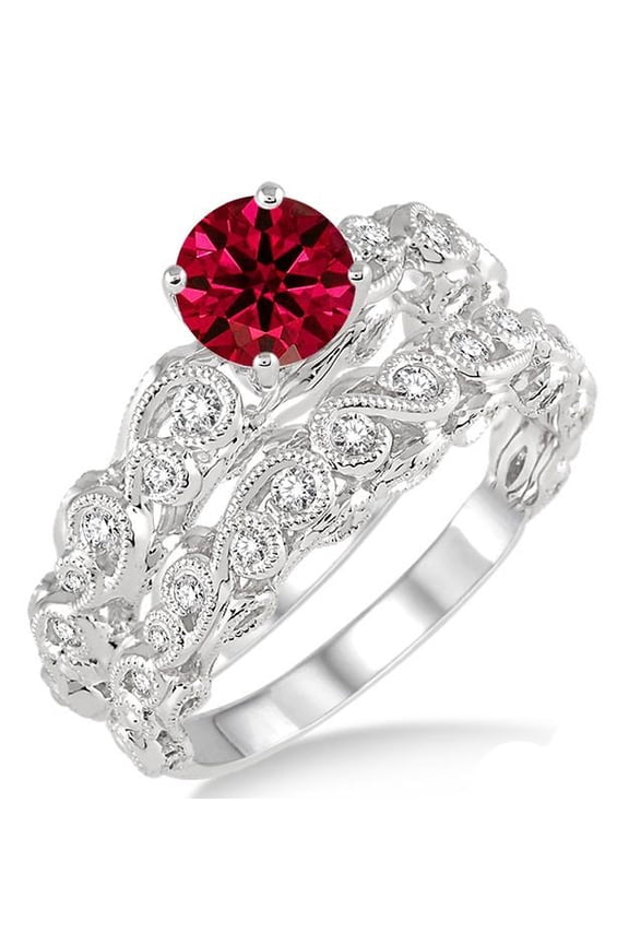 2 Carat Round Cut Red Ruby Infinity Antique Bridal Set Moissanite Diamond on 10k White Gold