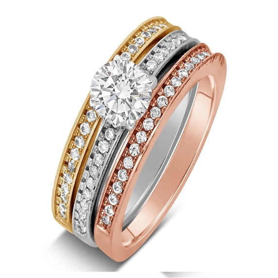 2 Carat Round cut Tri Color White, Rose and Yellow Gold Trio Wedding Ring Set