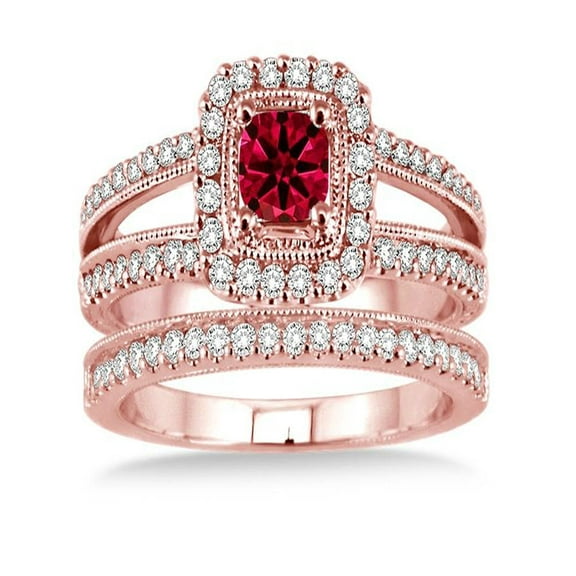 2 Carat Ruby & Diamond Antique Bridal set Halo Ring on 10k Rose Gold