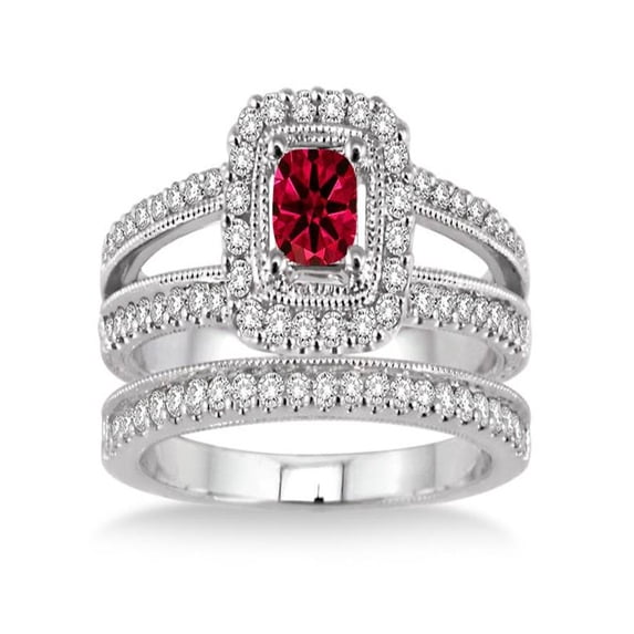 2 Carat Ruby & Diamond Antique Bridal set Halo Ring on 10k White Gold