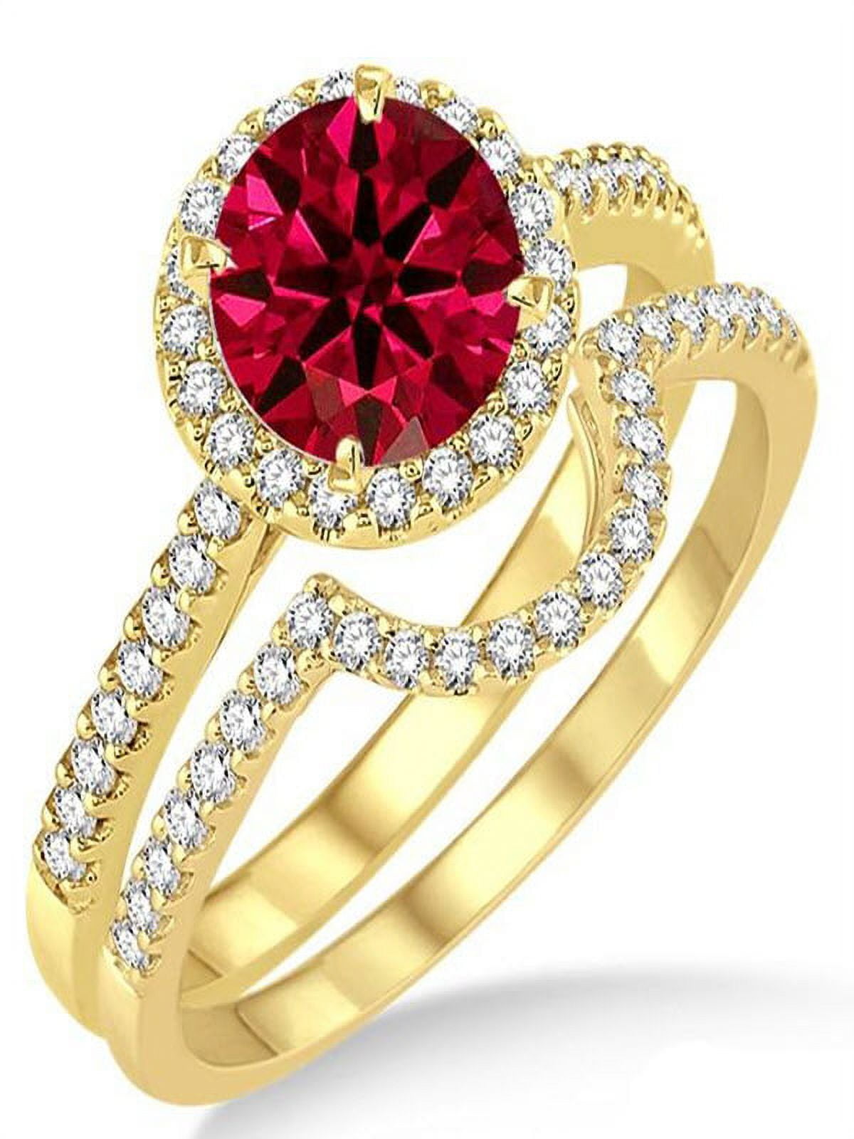 2 Carat Ruby & Diamond Halo Bridal Set Engagement Ring on 10k Yellow ...