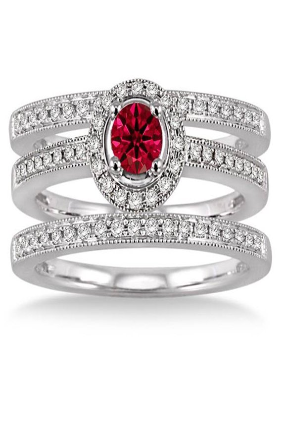 2 Carat Ruby & Diamond Trio set Halo Ring on 10k White Gold