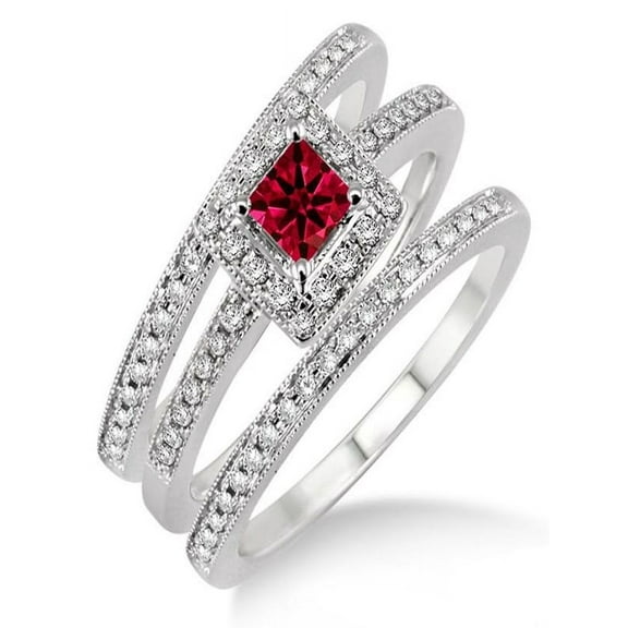 2 Carat Ruby & Diamond Trio set Halo Ring on 10k White Gold