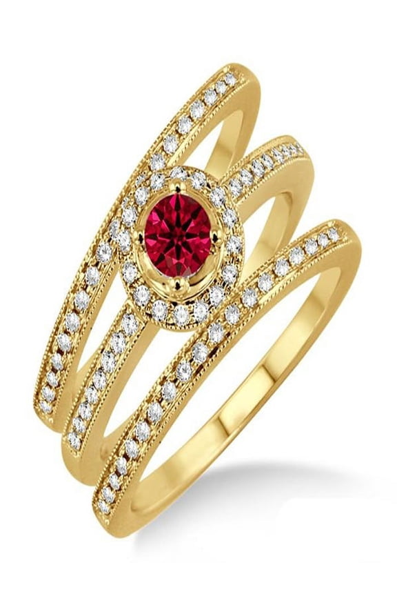 2 Carat Ruby & Diamond Trio set Halo Ring on 10k Yellow Gold