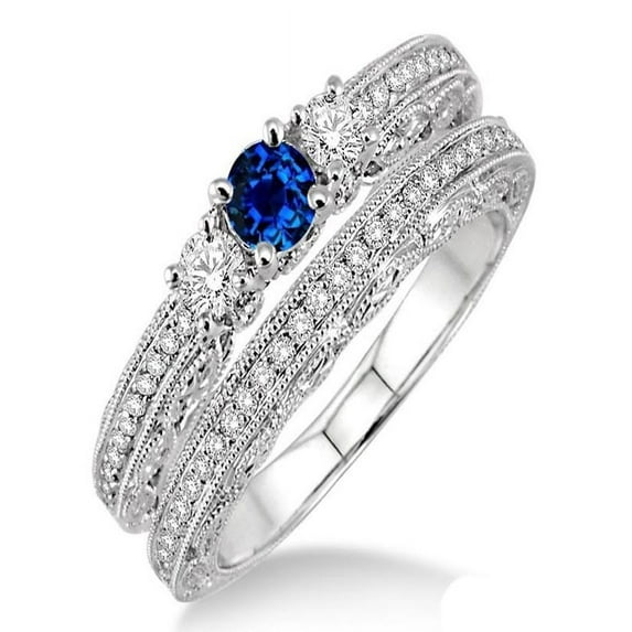 2 Carat Sapphire And Diamond Moissanite Antique Bridal Set On 10K White Gold