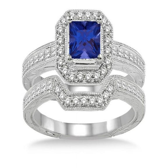 2 Carat Sapphire and Diamond Antique Halo Bridal set on 10k White Gold