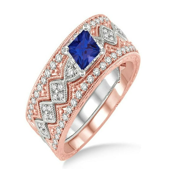 2 Carat Sapphire and Diamond Antique Trio Bridal Set Engagement Ring on 10k White Gold