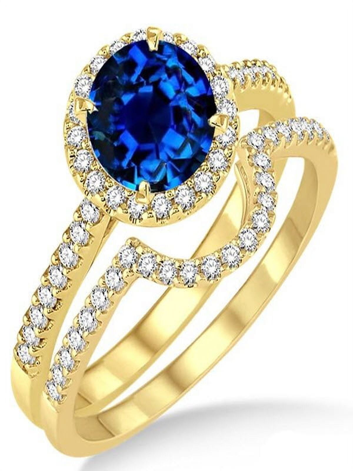 2 Carat Sapphire and Diamond Halo Bridal Set Engagement Ring on 10k Yellow Gold