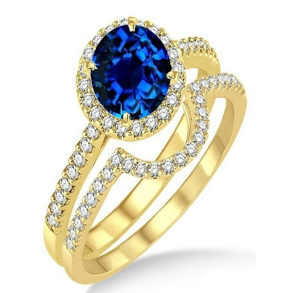 2 Carat Sapphire and Diamond Halo Bridal Set Engagement Ring on 10k Yellow Gold