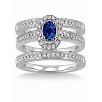 2 Carat Sapphire and Diamond Trio set Halo Ring on 10k White Gold