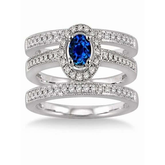 2 Carat Sapphire and Diamond Trio set Halo Ring on 10k White Gold
