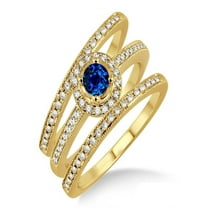2 Carat Sapphire and Diamond Trio set Halo Ring on 10k Yellow Gold