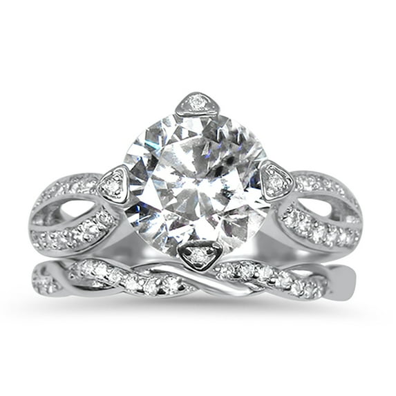 2 Carat Solitaire CZ Engagement Wedding Ring Set, Platinium Plated Sterling Silver Bridal Set Size 9