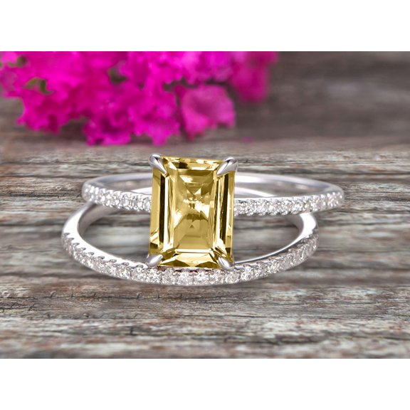 2 Carat Surprisingly Champagne Diamond Moissanite Engagement Ring On 10k White Gold Bridal Set 7x5mm Emerald Cut Thin Pave Stacking Band Art Deco