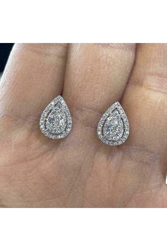 2 Carat Teardrop Stud Cluster Diamonds 14K White Gold Finish Women's Earrings in Silver