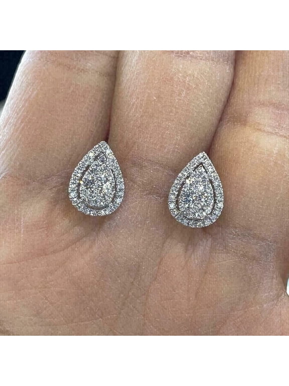 2 Carat Teardrop Stud Cluster Diamonds 14K White Gold Finish Women's Earrings in Silver